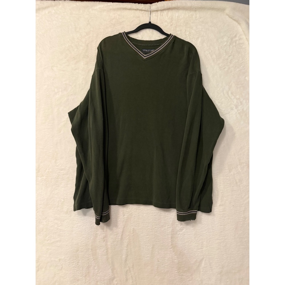 Structure Vintage 90s Mens XL Ribbed V-Neck Long Sleeve Shirt Green Distressed